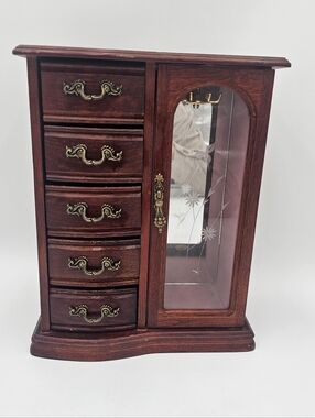 Vintage Large Red Mahogany Wood Jewelry Armoire